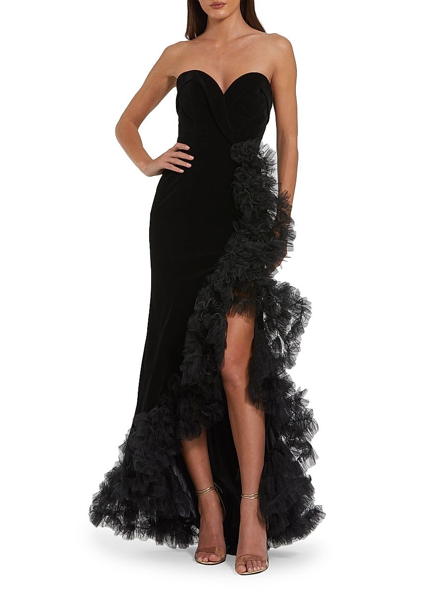Women's Frilled-Slit Crossover Bustier Gown - Black - Size 14