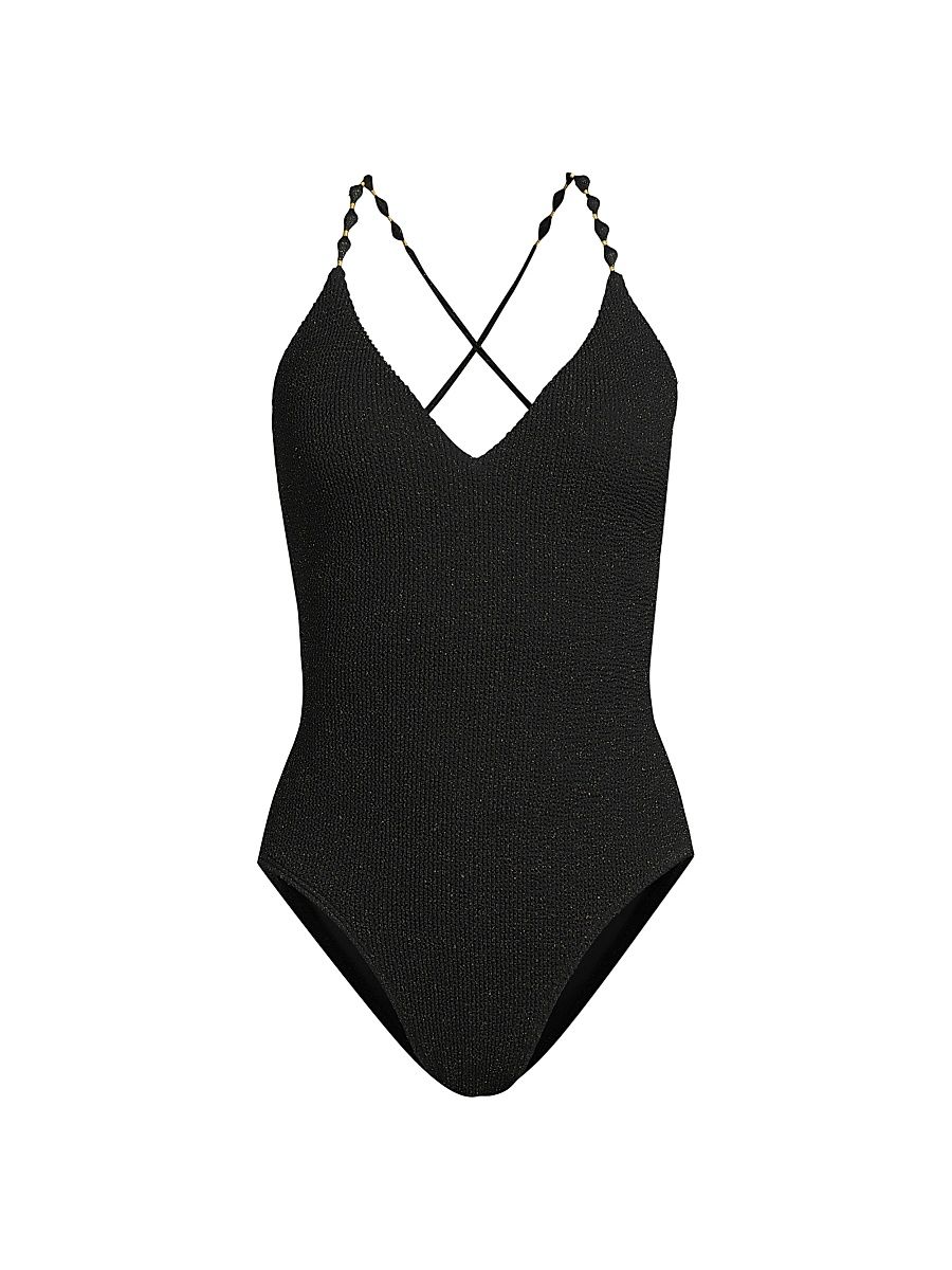 Women's Cannes Beaded Strap One-Piece Swimsuit - Black Gold - Size Large