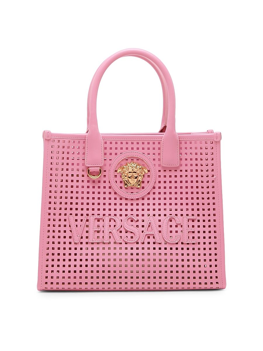 Women's Small Medusa Perforated Leather Tote Bag - Guava Versace Gold