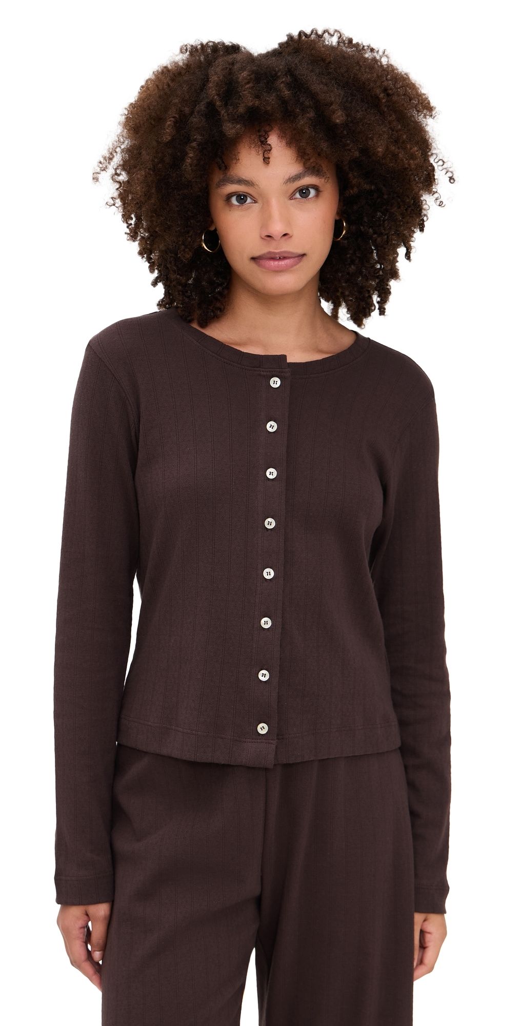 Leset Pointelle Classic Crew Cardigan Choco M