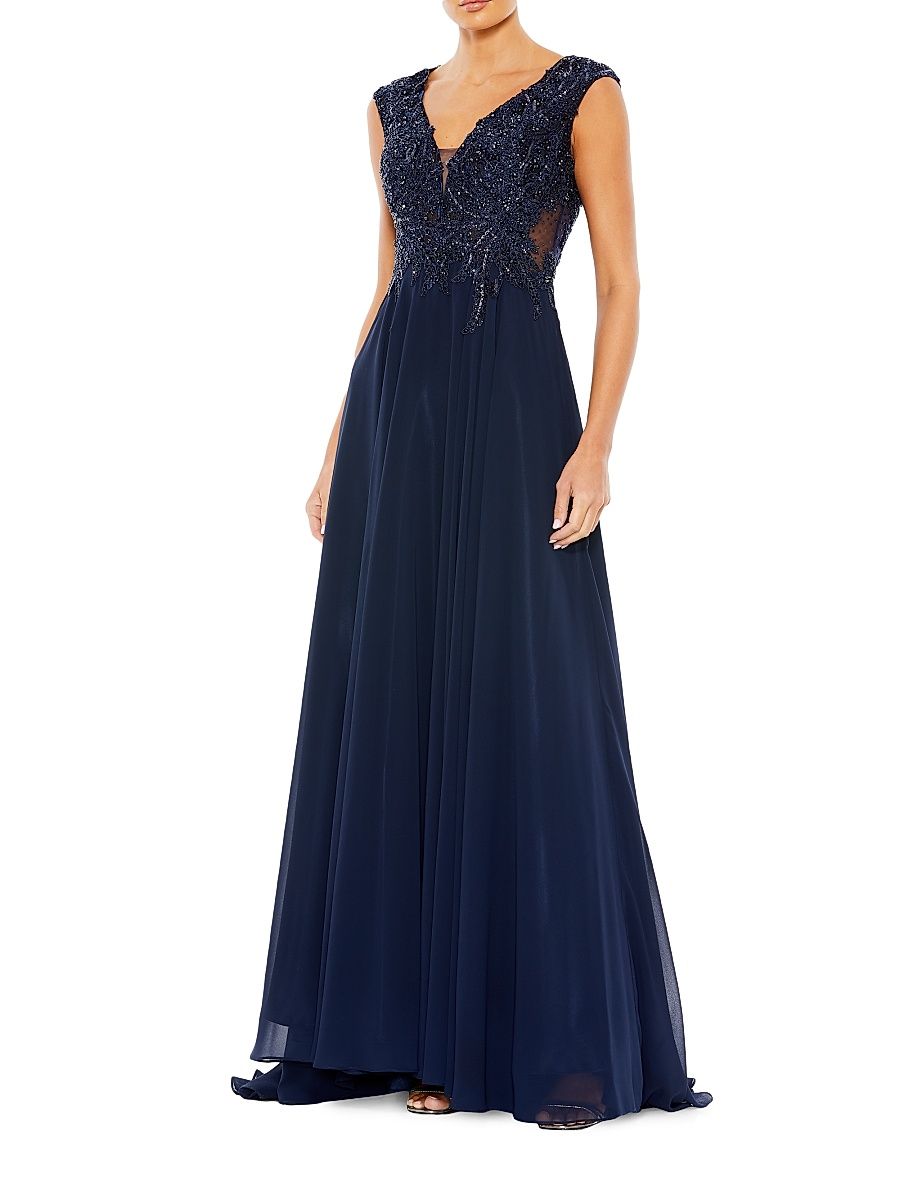 Women's Metallic Floral Bead-Embroidered A-Line Gown - Navy - Size 16