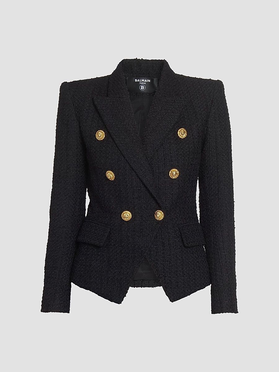 Balmain Women's Button-Detail Tweed Double-Breasted Jacket - Noir - Size 10