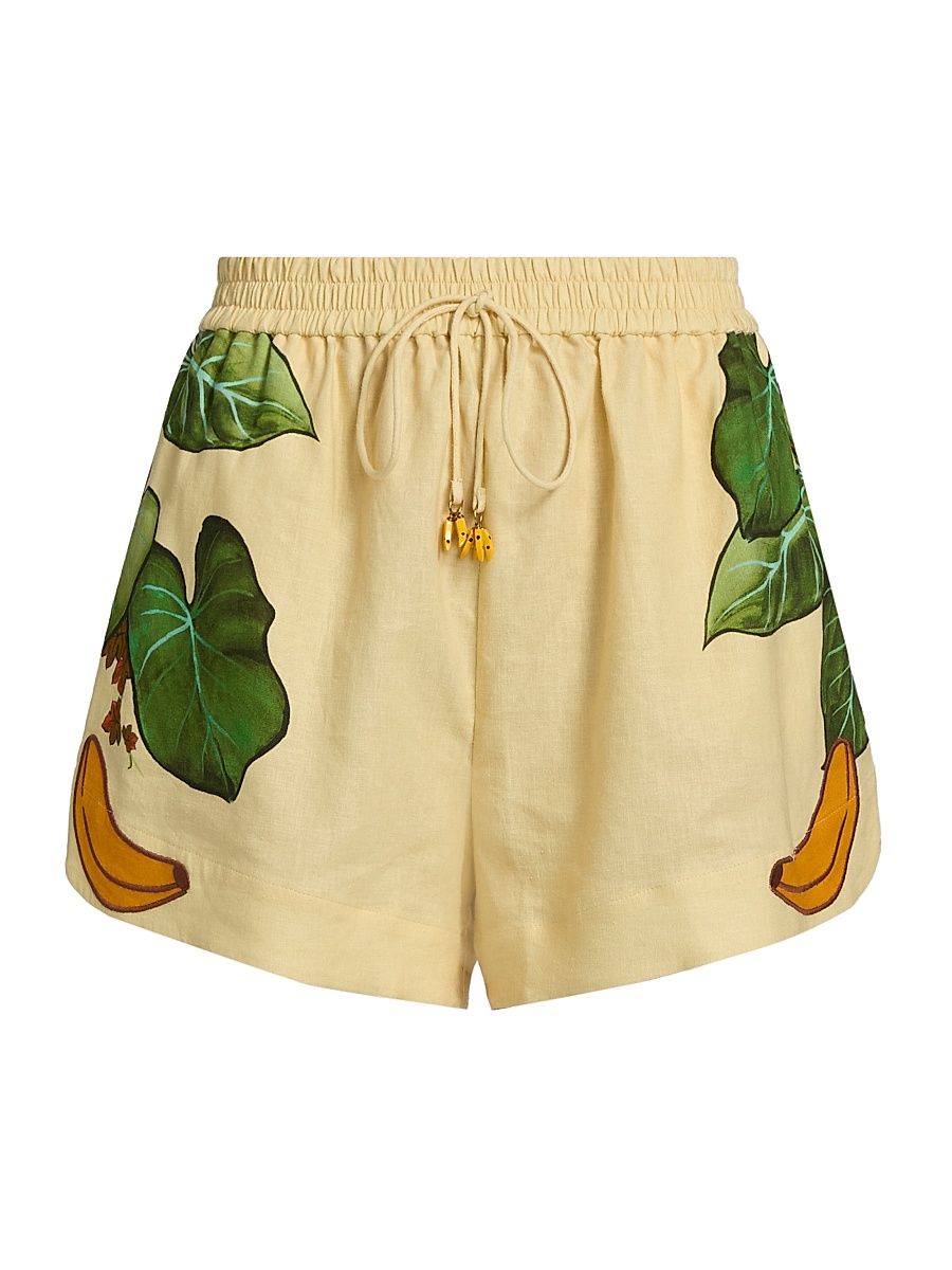 Women's Printed Linen Drawstring Shorts - Yellow - Size Large