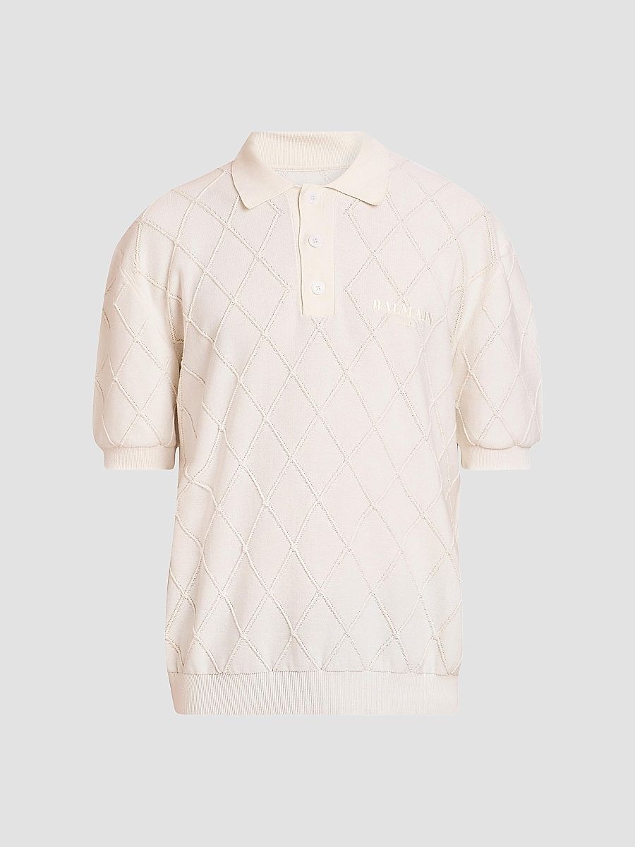 Balmain Men's Quilted Logo Cotton Polo Shirt - Blanc - Size XL