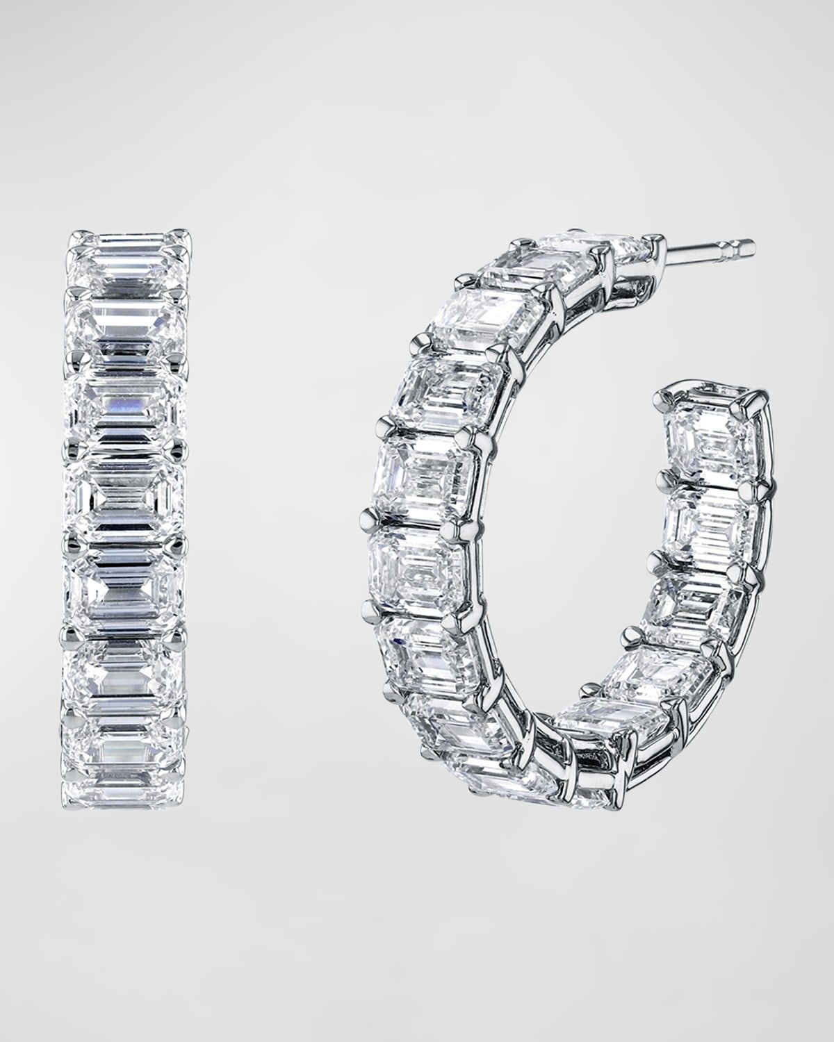 18K Gold East-West Emerald-Cut Diamond Hoop Earrings, 10.55tcw/1"L