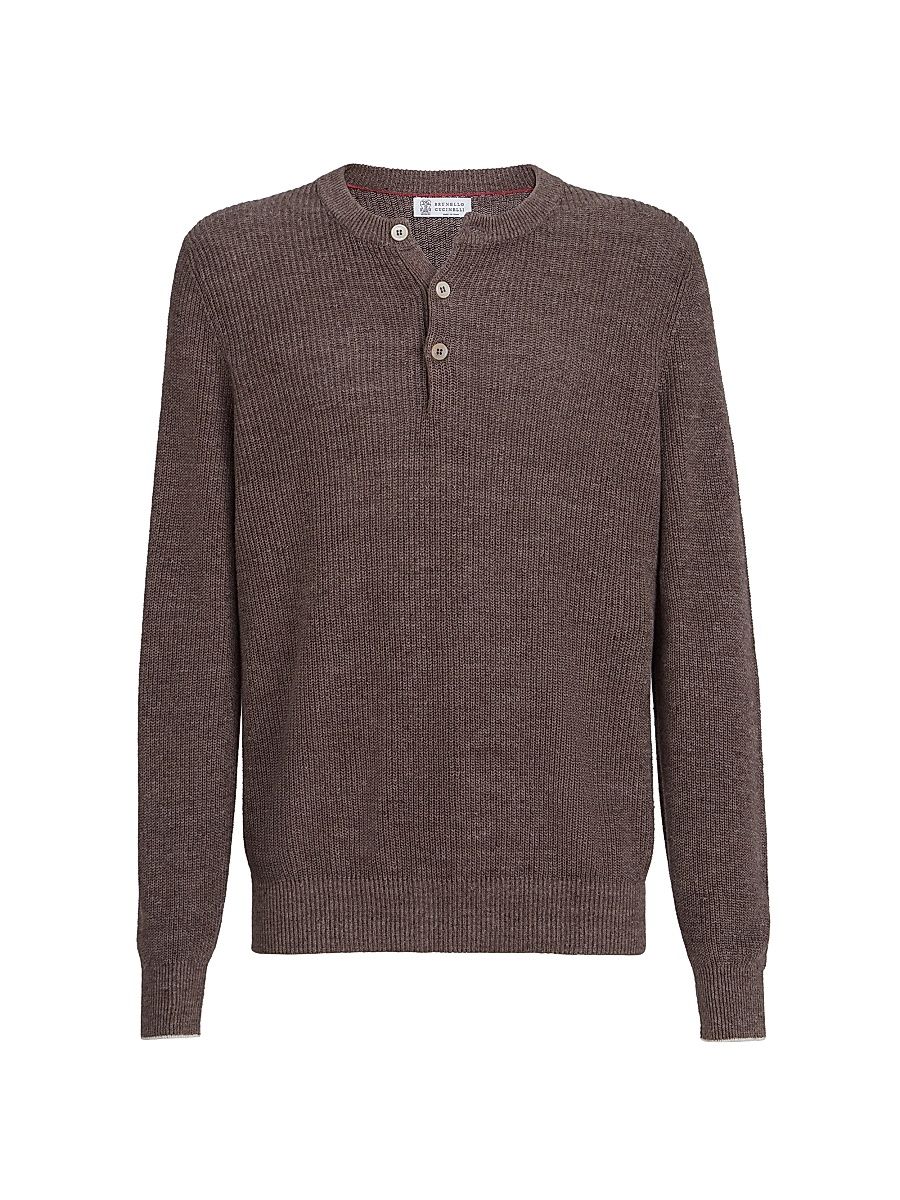 Men's Cotton And Linen Half English Rib Knit Sweater with Henley Collar - Hazelnut - Size 40