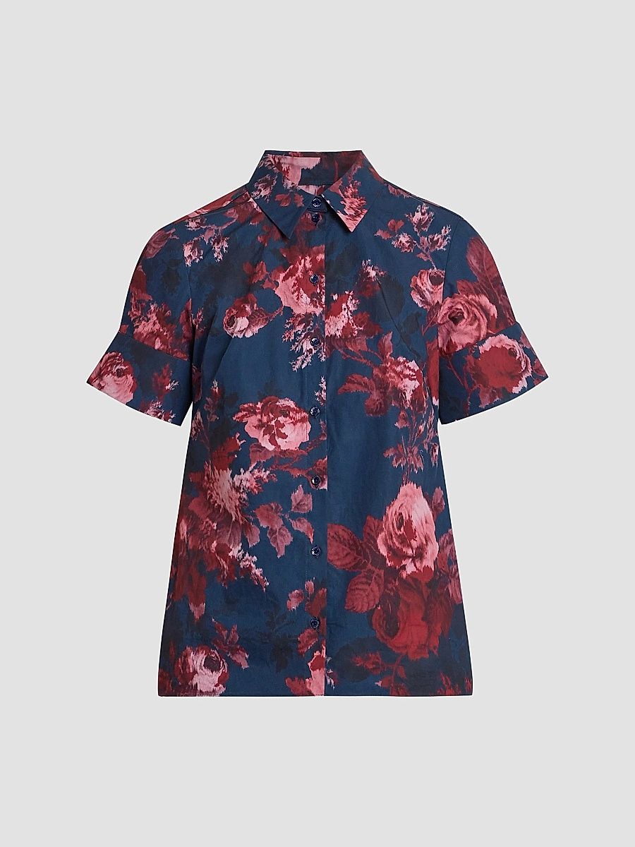 Women's Floral Cotton Button-Front Shirt - Margot Rose Navy - Size 8