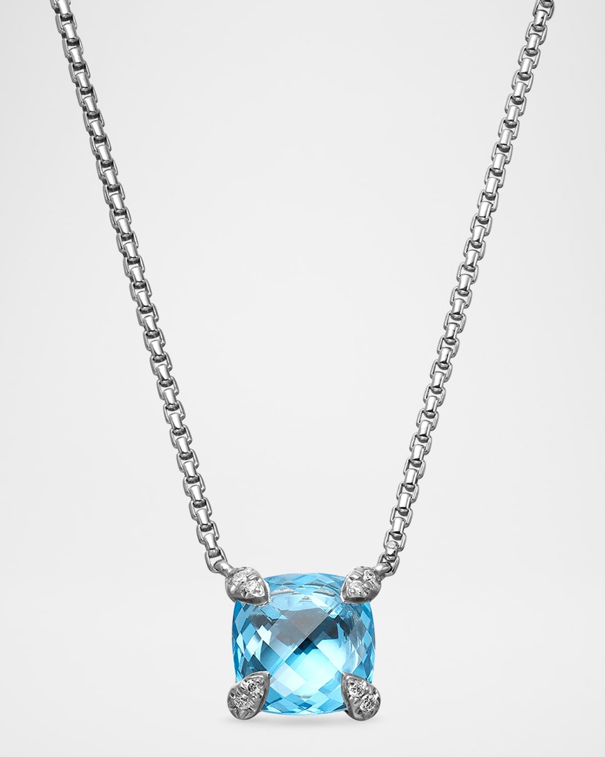 Chatelaine Cushion Pendant Necklace with Gemstone and Diamonds in Silver, 8mm, 16-18"L