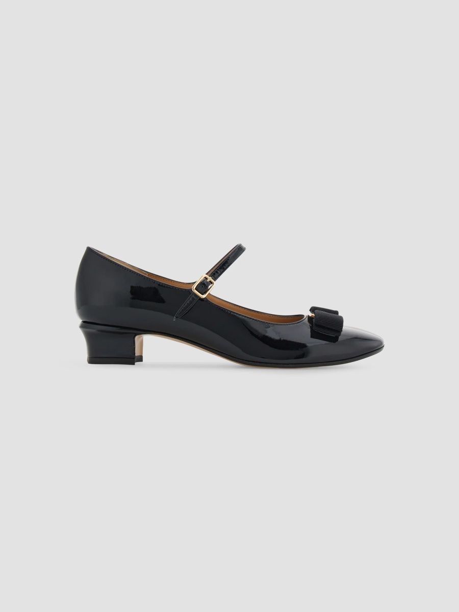 FERRAGAMO Women's Vally Bow 30MM Patent Leather Mary Janes - Black - Size 7