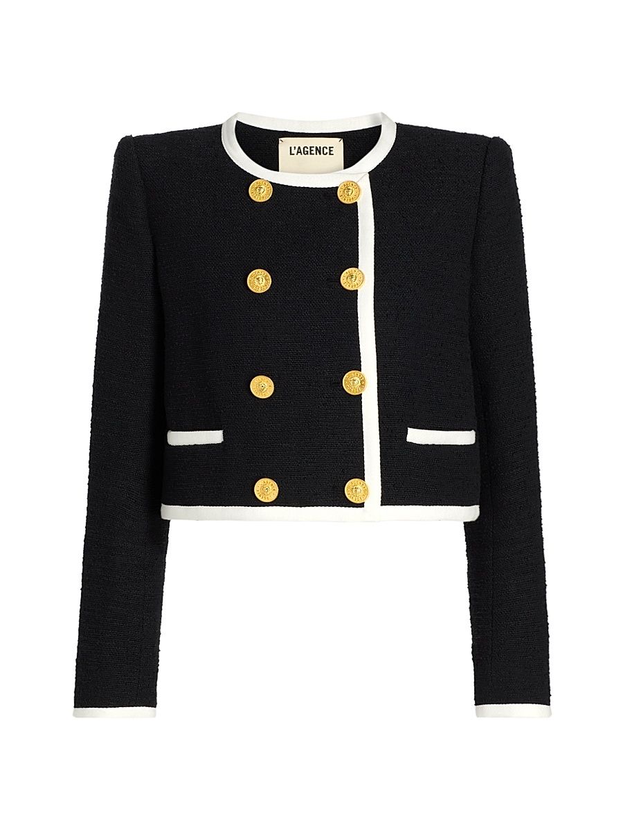 Women's Mazikeen Cotton-Blend Tweed Double-Breasted Jacket - Black White - Size 14