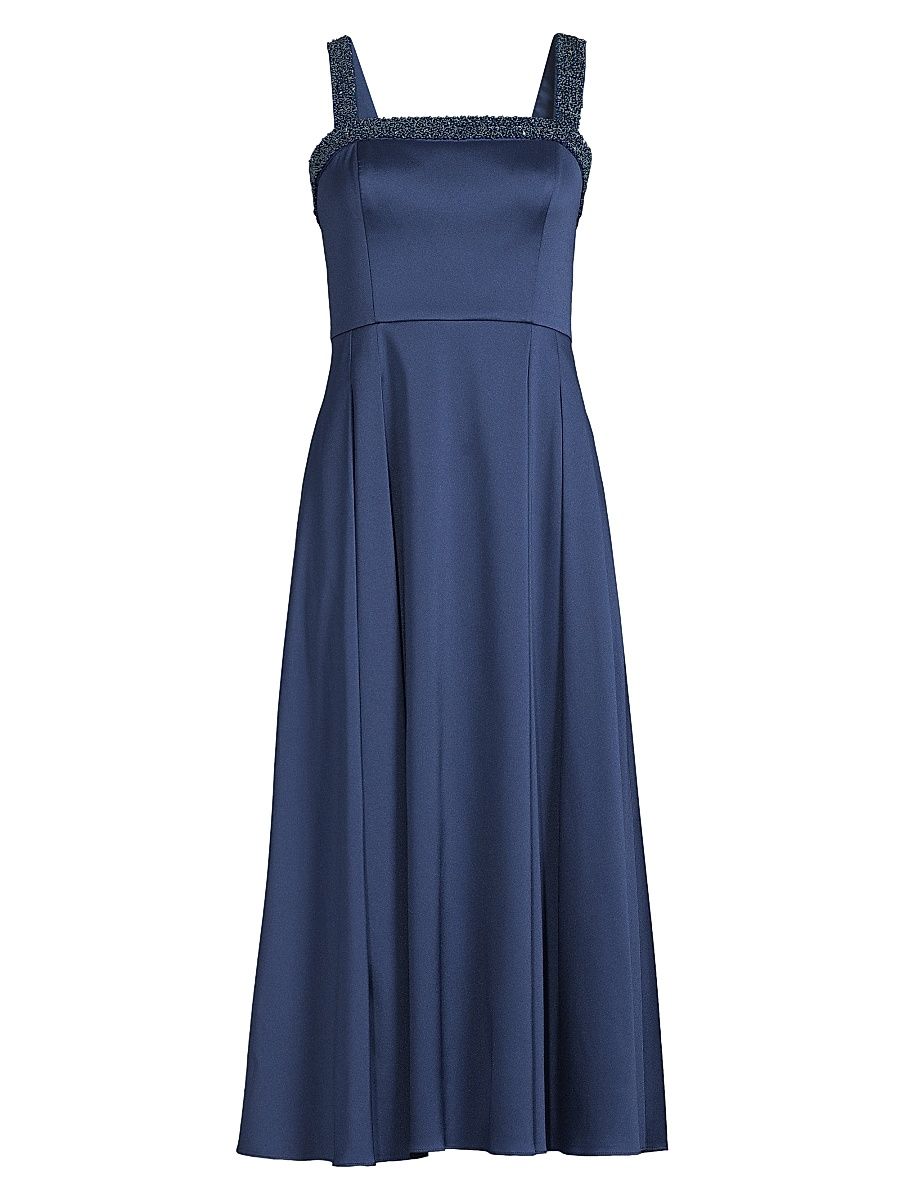 Women's Satin Embellished Neck Midi-Dress - Navy - Size 8