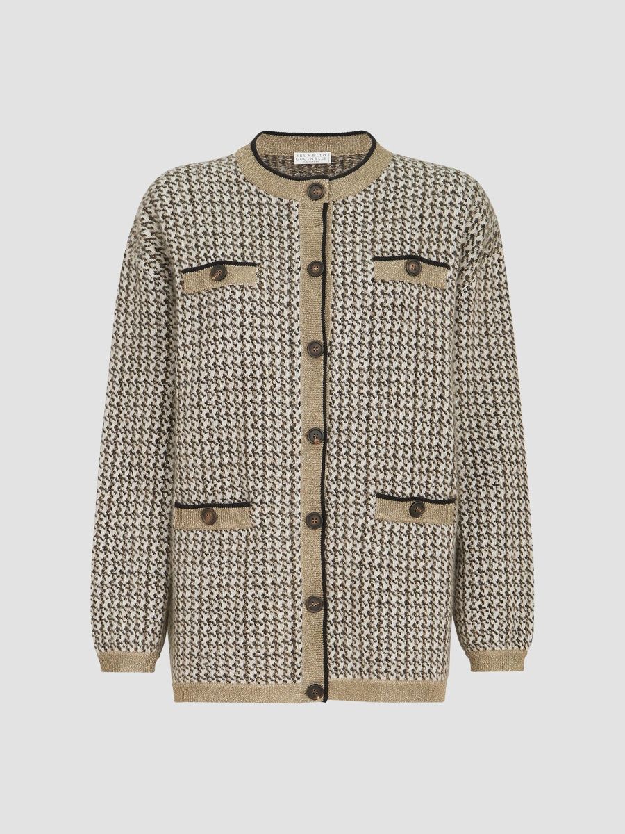 Brunello Cucinelli Women's Mohair, Virgin Wool and Cashmere Sparkling Houndstooth Cardigan - Light Brown - Size XXL