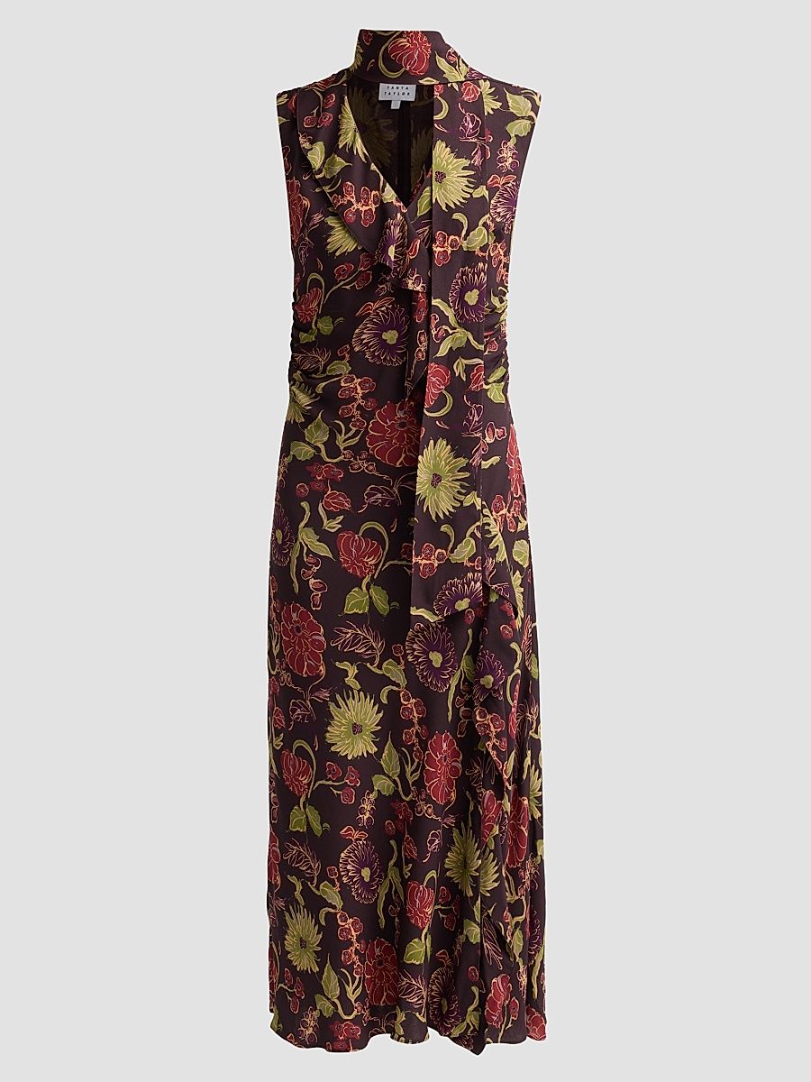 Women's Amelia Floral V-Neck Midi Dress - Dark Fig Multi - Size 0