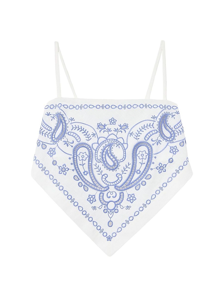 Women's Bandana Embroidered Linen-Cotton Crop Top - White - Size 12