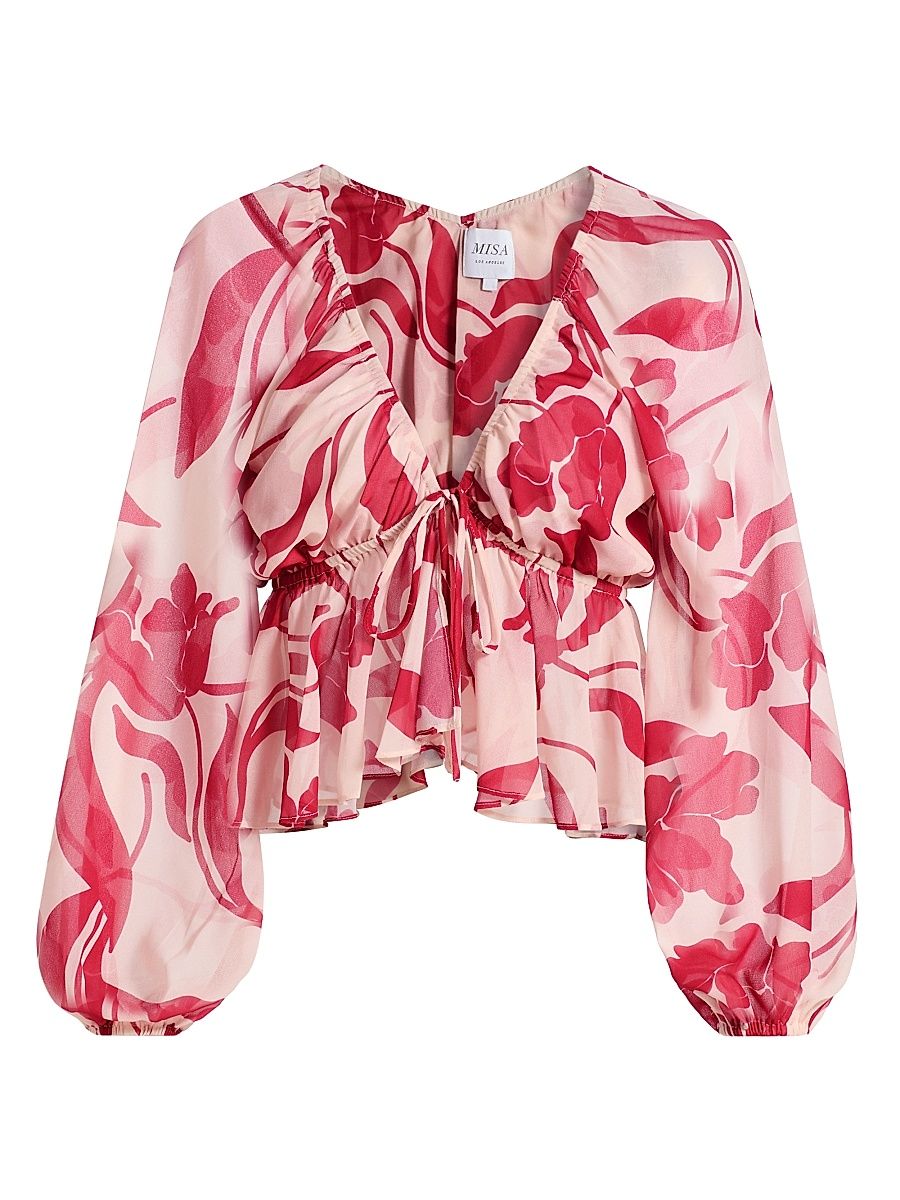 Women's Susan Floral Chiffon V-Neck Top - Cherry Flora - Size Medium