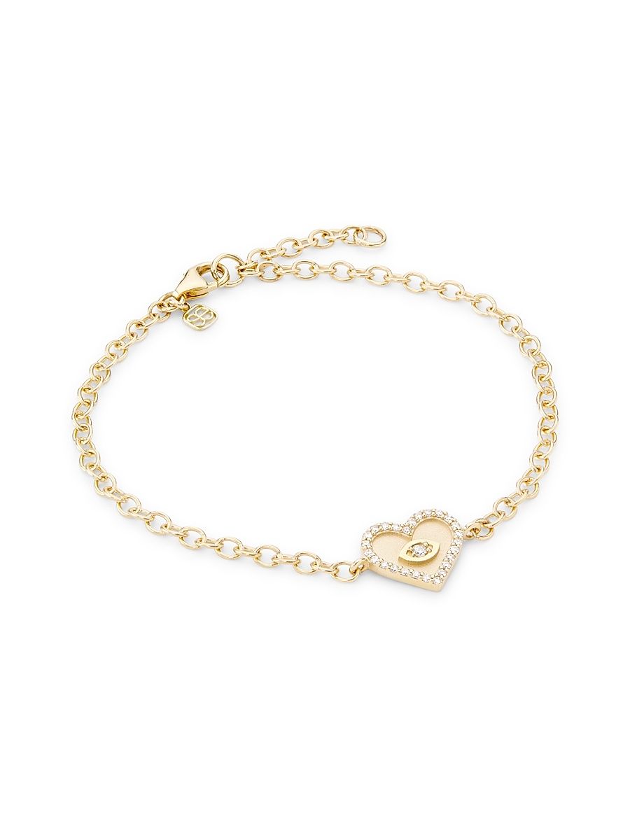 Women's 14K Yellow Gold & Diamond Small Evil-Eye Heart Charm Bracelet