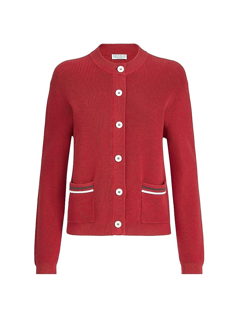 Women's Cotton Ribbed Cardigan with Shiny Pocket Details - Ruby - Size XXL