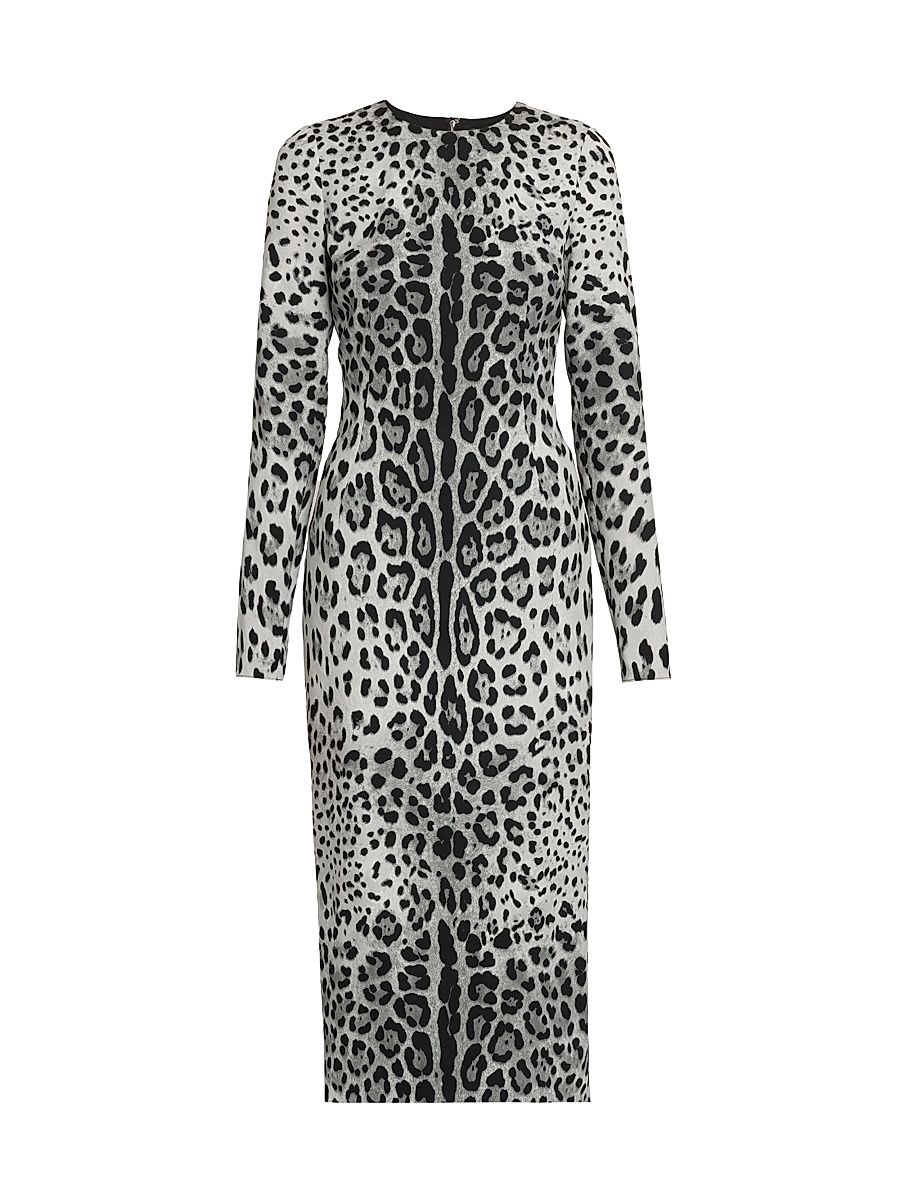 Women's Leopard Stretch-Silk Midi-Dress - Leonerofdo Grigio - Size 12