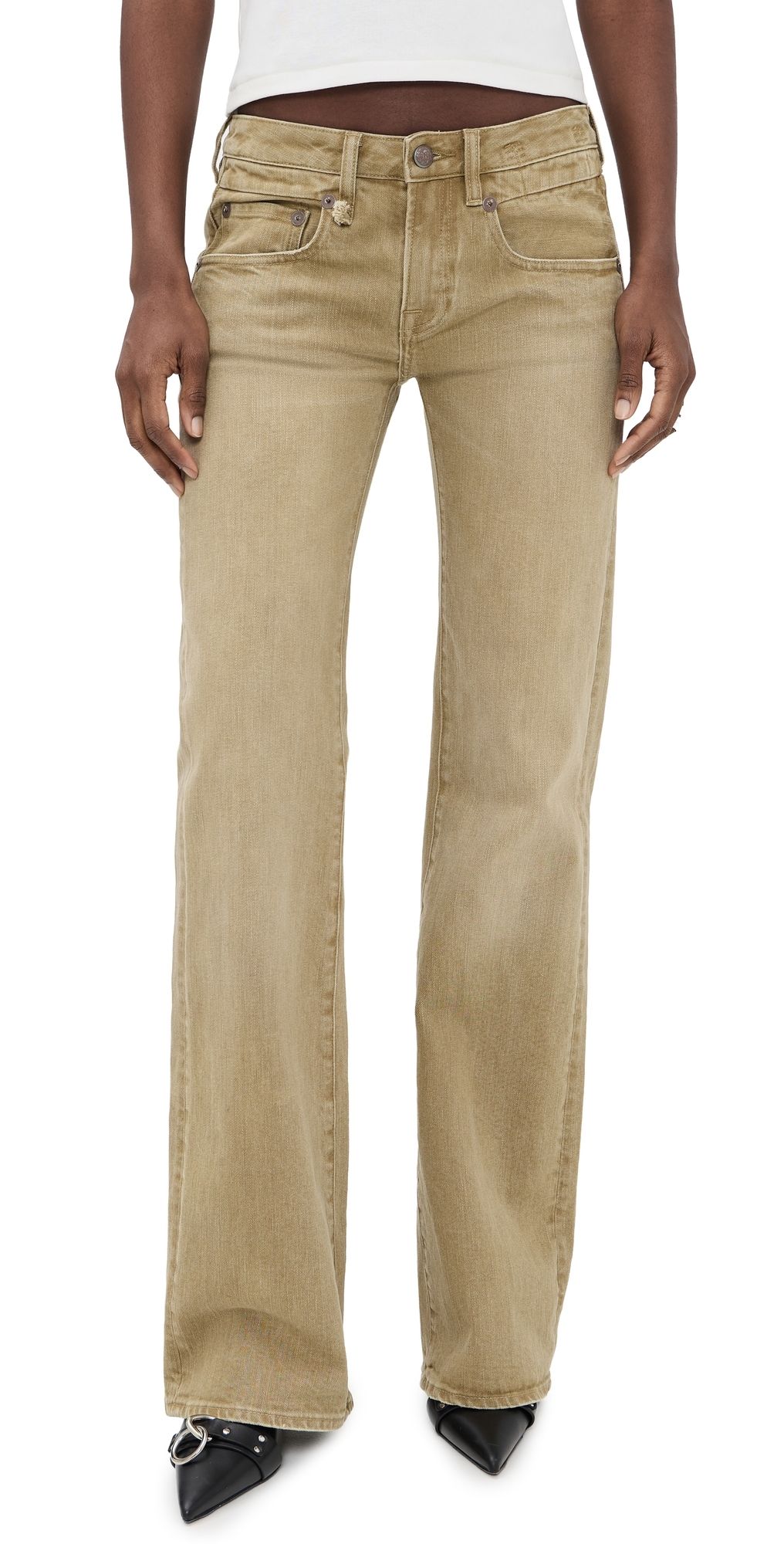 R13 Boy Flare Jeans Olive Green Haze Stretch 29