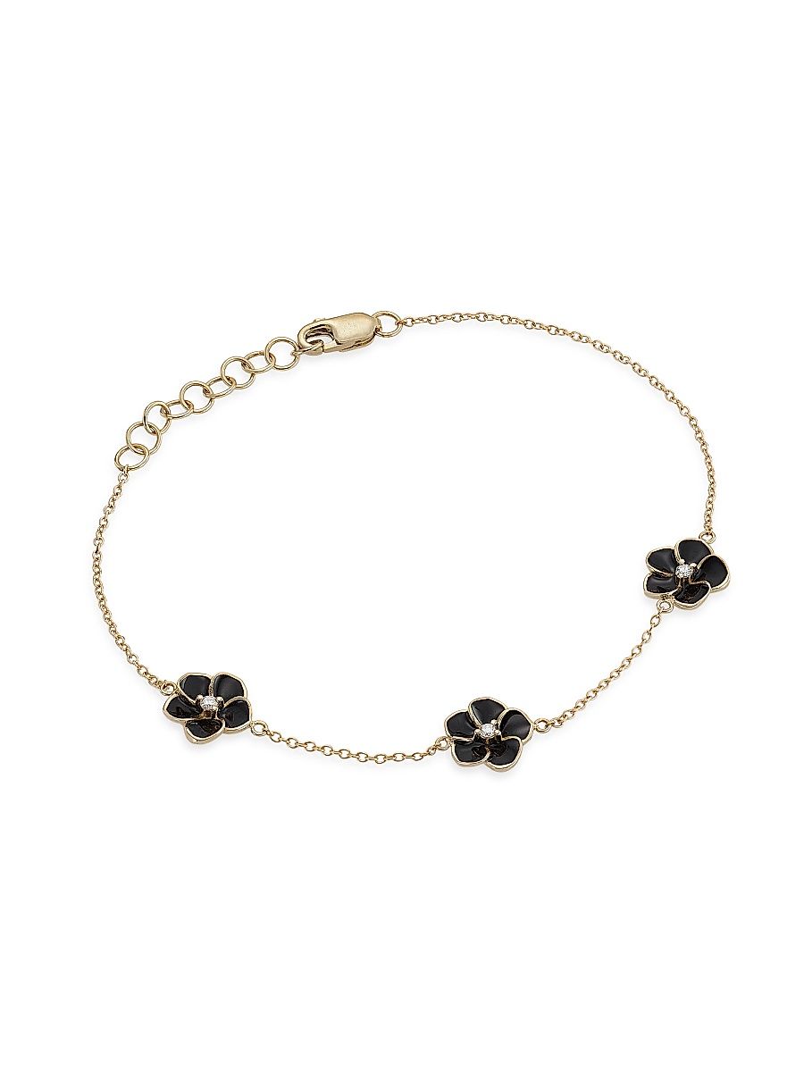 Women's 14K Yellow Gold, Enamel, & 0.05 TCW Diamond Flower Bracelet - Black