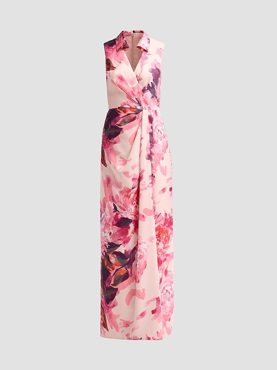Women's Floral Sateen Mock Wrap Maxi Dress - Pink Multi - Size 18
