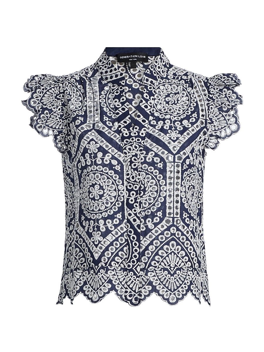 Women's Romy Eyelet-Embroidered Cotton Shirt - Navy White - Size Large