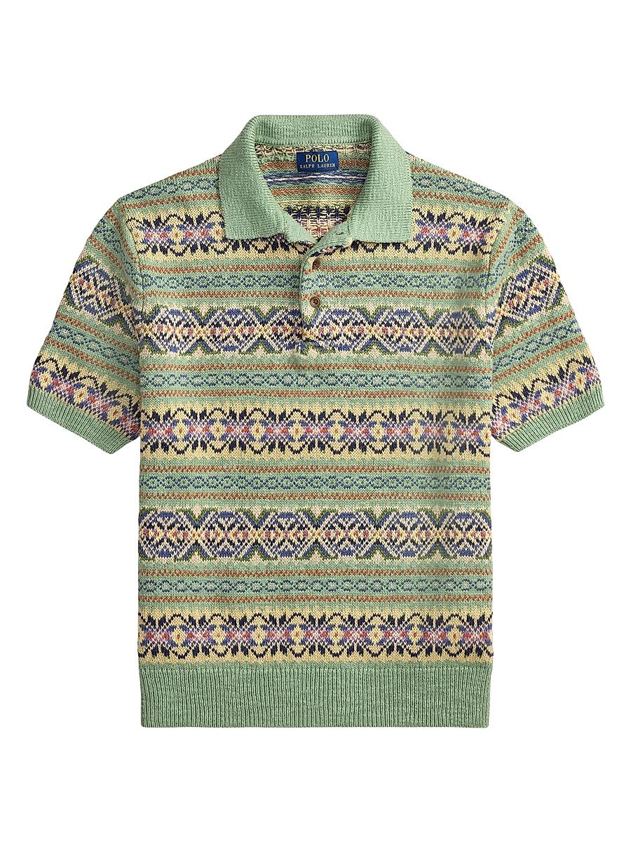 Men's Intarsia-Knit Polo Sweater - Green Combo - Size Large