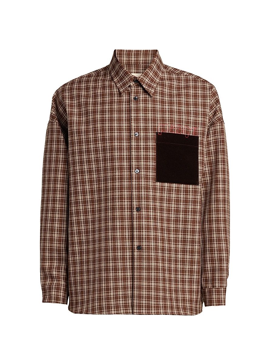 Men's Check Wool Shirt - Maroon - Size 44