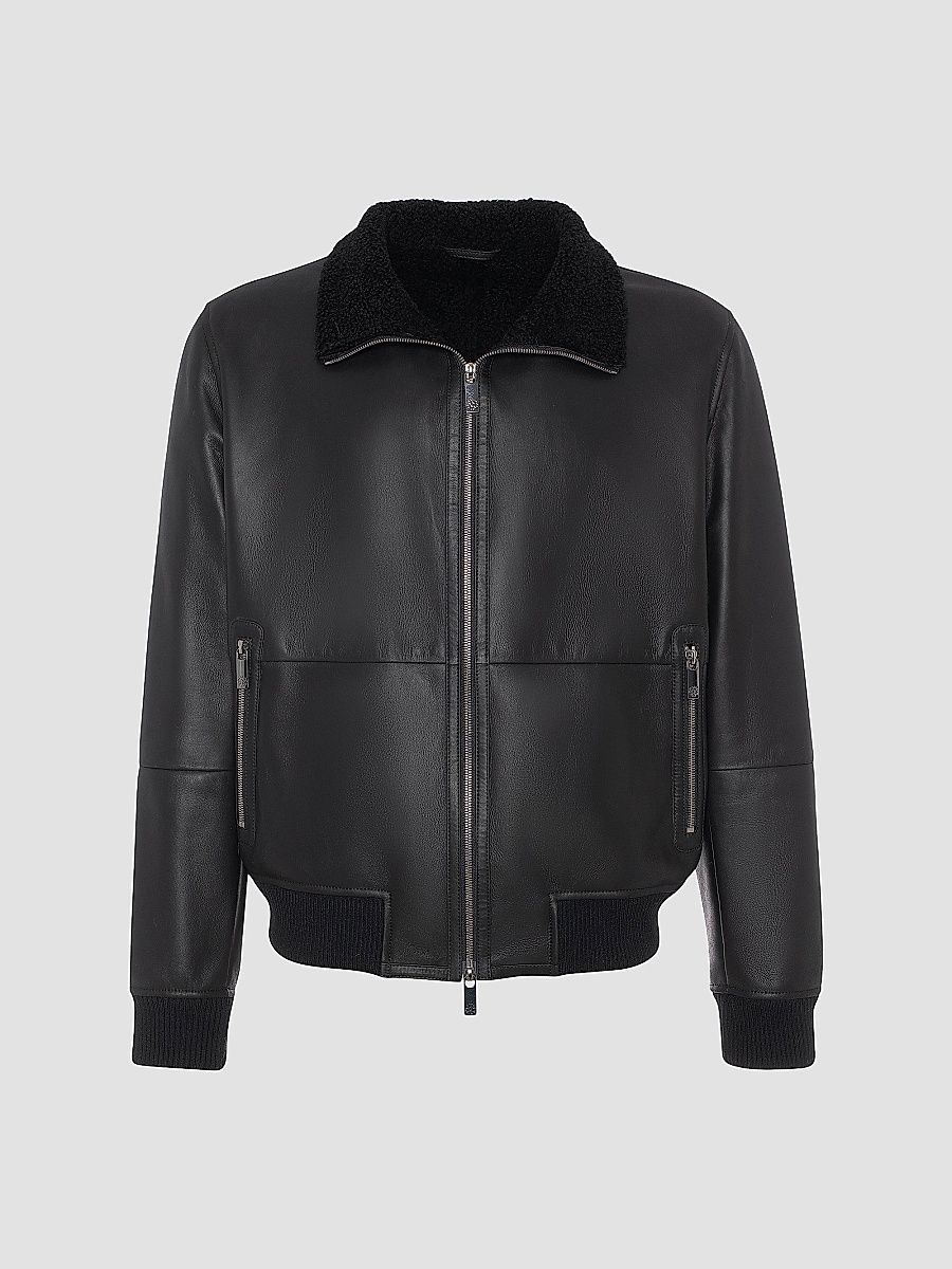 Gorski Men's Shearling Lamb Bomber Jacket - Black - Size Medium