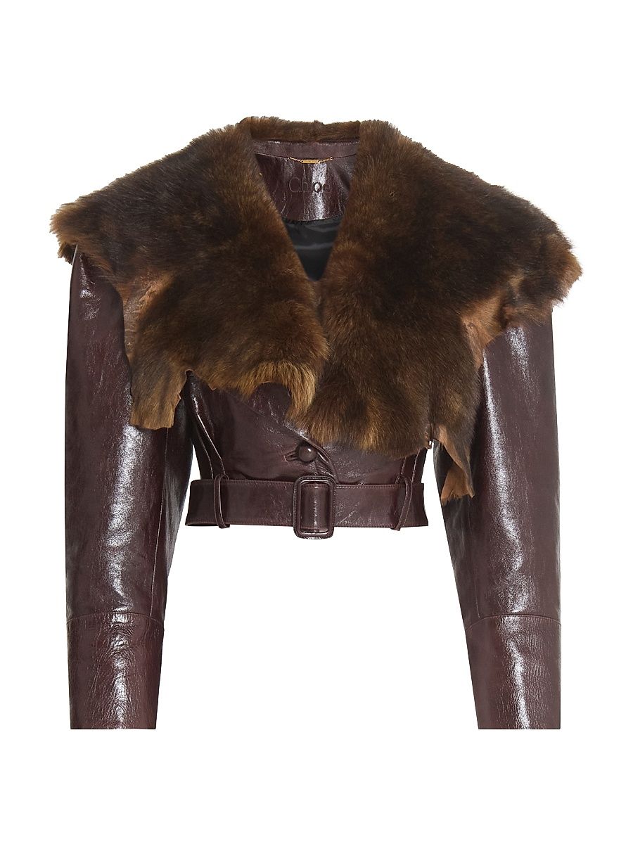Women's Shearling-Trim Leather Crop Jacket - Opaque Brown - Size 6