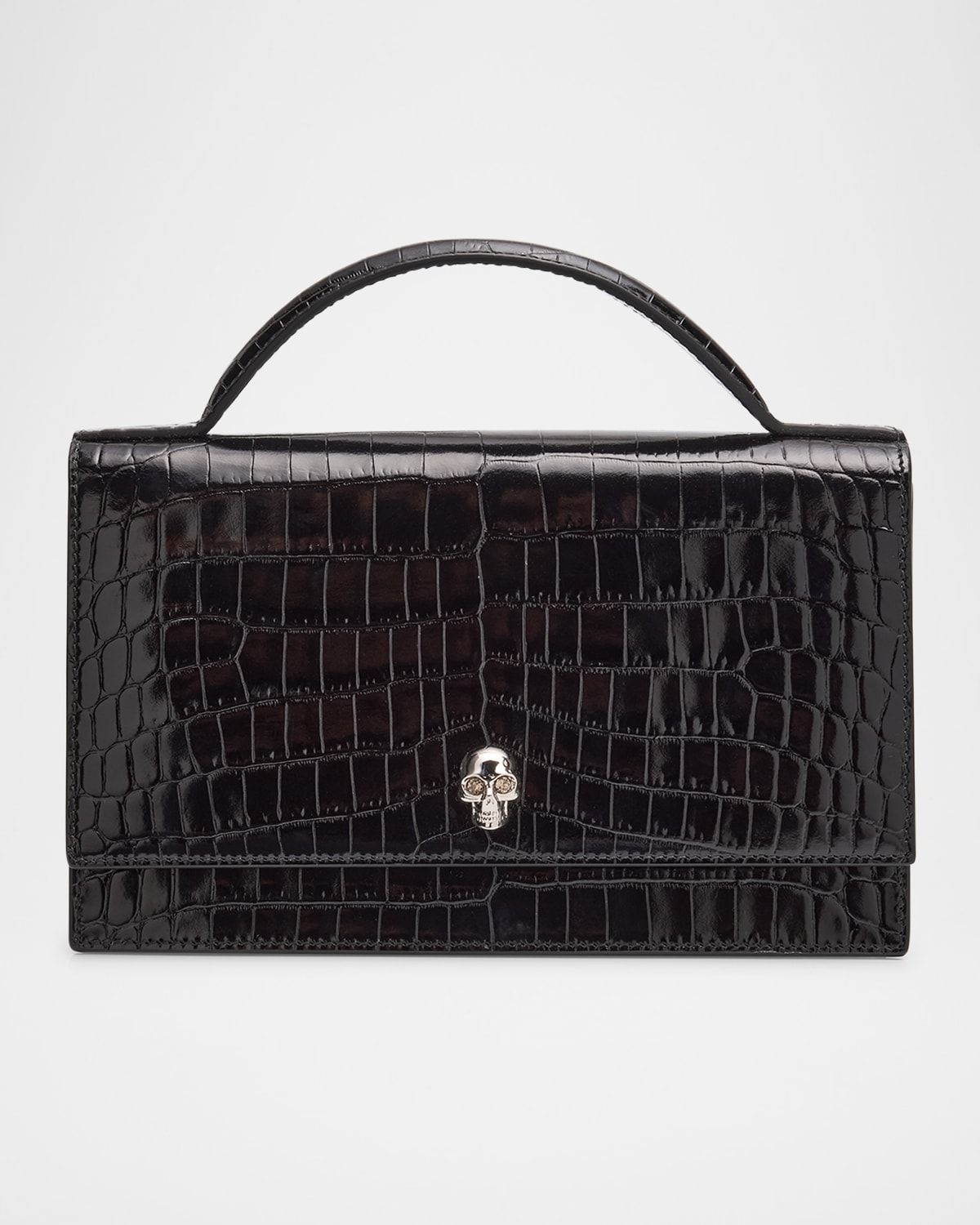 Medium Skull Croc-Embossed Leather Top-Handle Bag