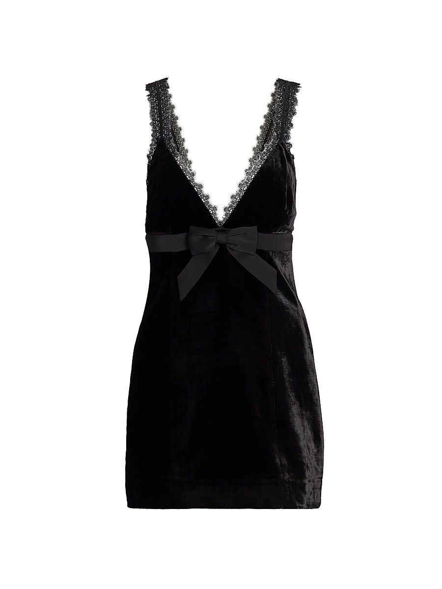 Women's Emmi Lace-Trim Bow Velvet Minidress - Black - Size Small
