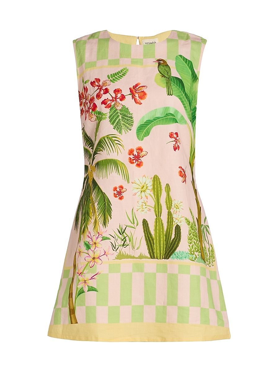 Women's Ammama Linen-Cotton Shift Minidress - Blush Sage Green Checkered - Size XL