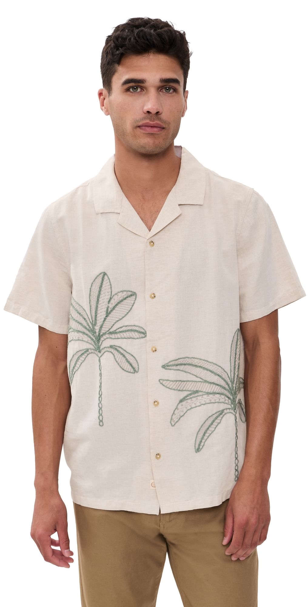 Marine Layer Embroidered Resort Shirt Cream/Green Palm S