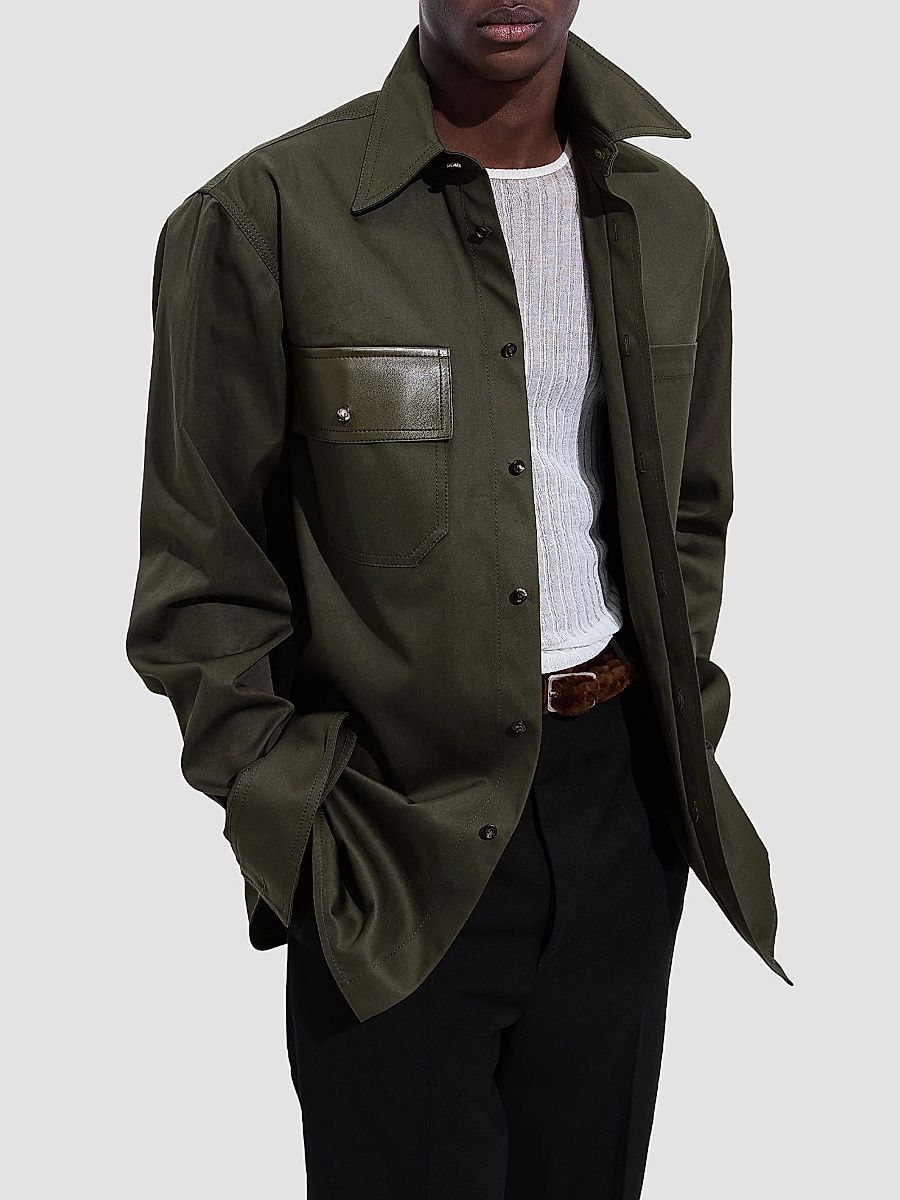 Men's Light Cotton Gabardine Shirt - Olive - Size 42