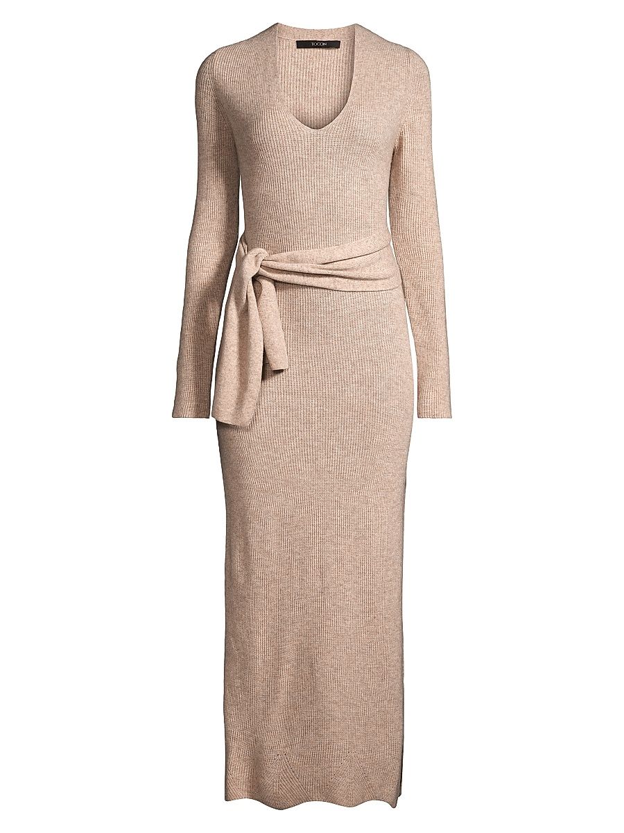 Women's Stevie Scalloped Edge Tie-Waist Midi-Dress - Beige - Size Large