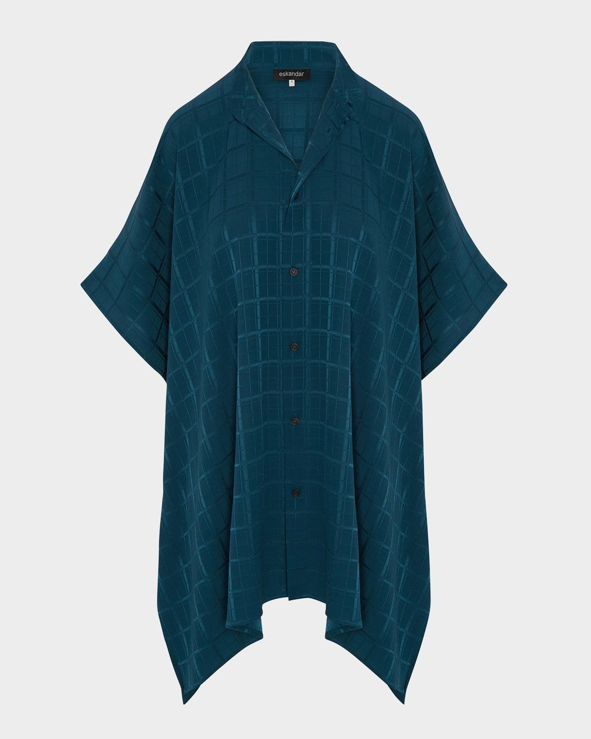 Satin Box Check Jacquard Collarless Longer-Back Kaftan Shirt (Long Plus Length)