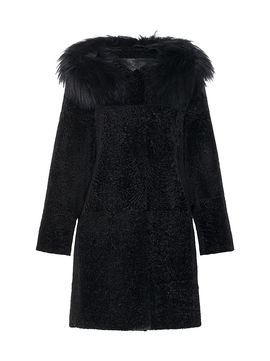 Women's Reversible New Zealand Shearling Lamb Stroller with Select Mongolian Lamb Hood Trim - Black - Size Medium