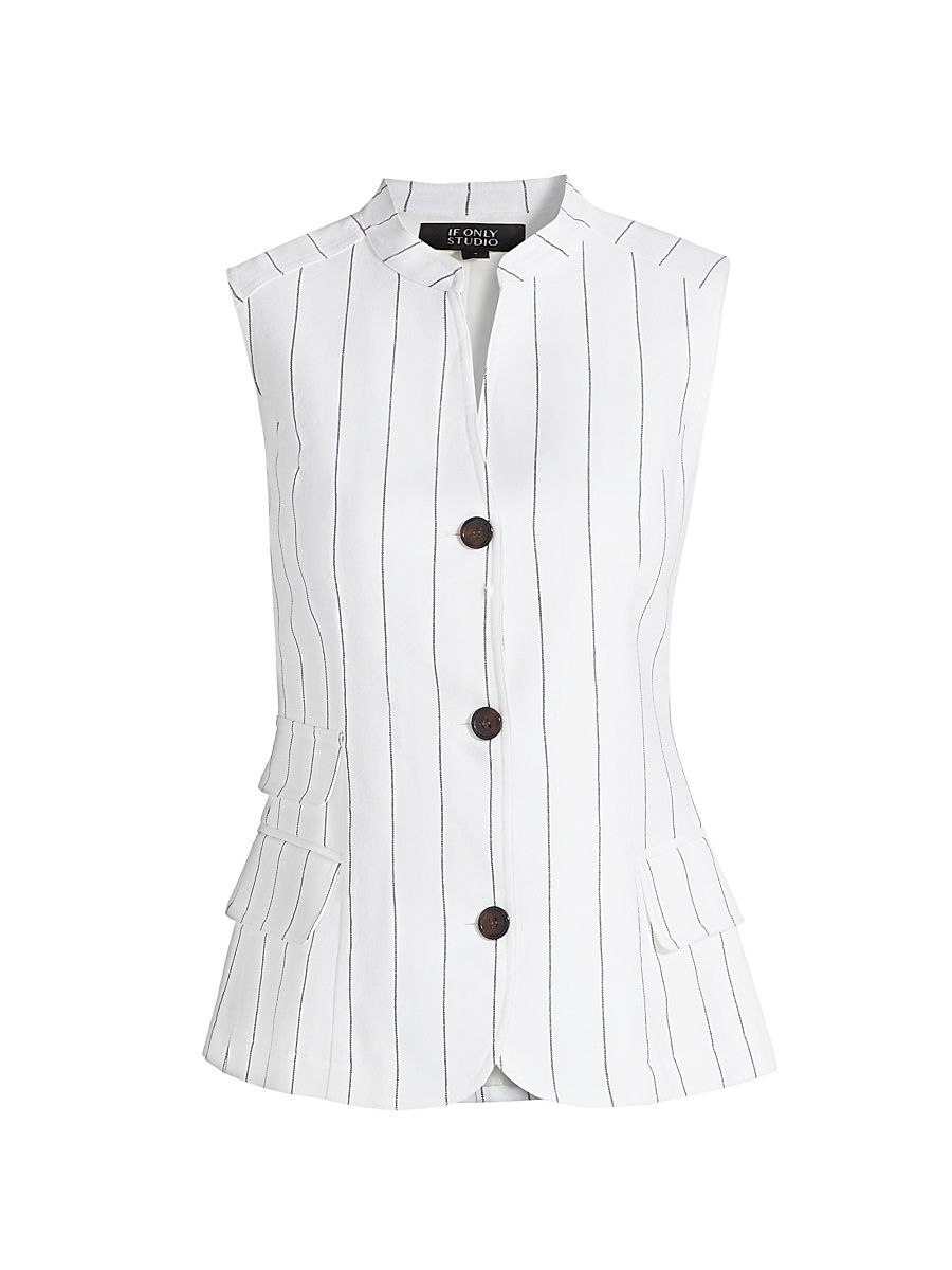 Women's Pinstripe Cotton-Linen Vest - White Navy - Size 6