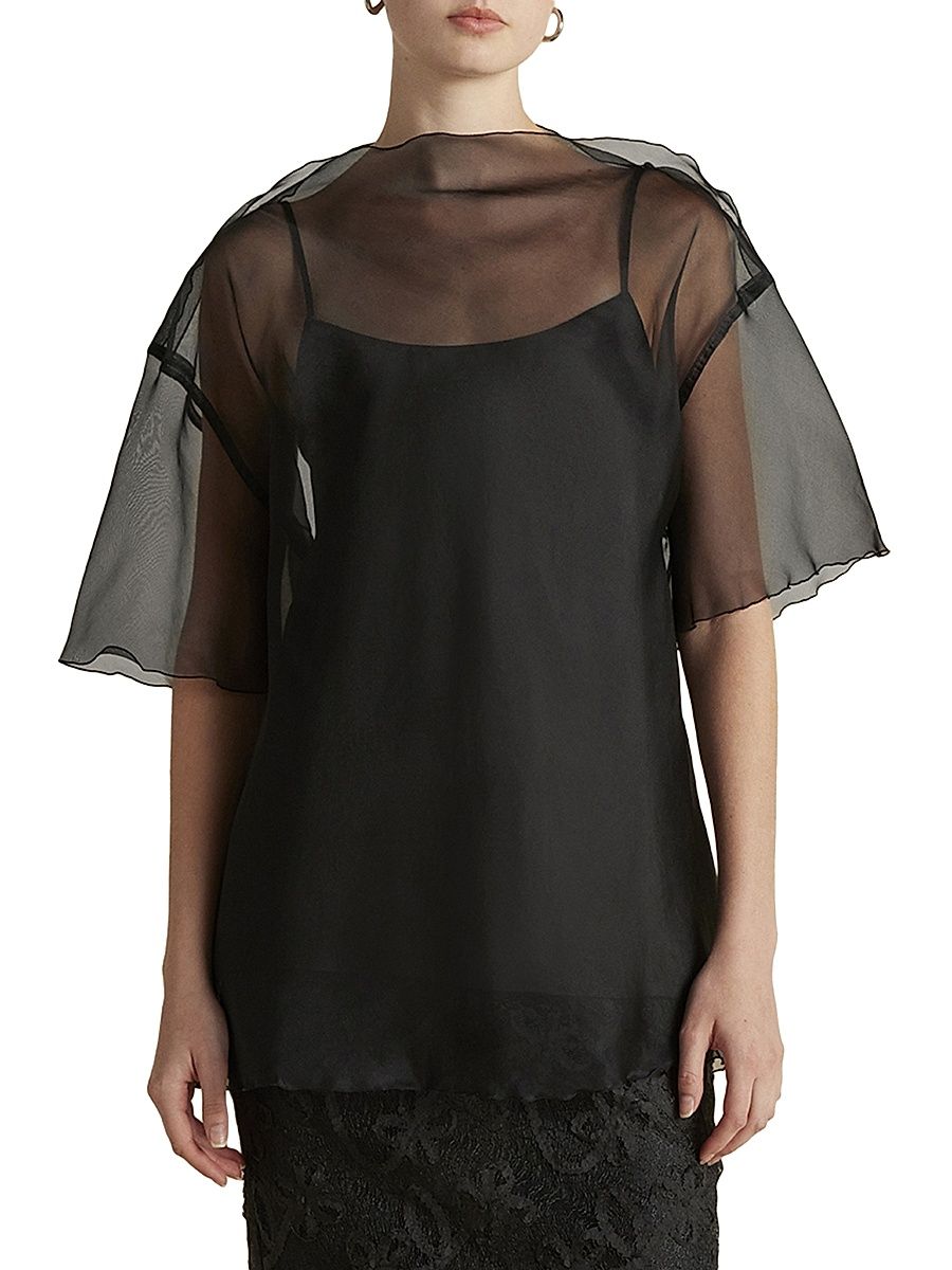 Women's Silk Organza T-Shirt with Scalloped Edge - Black - Size Large