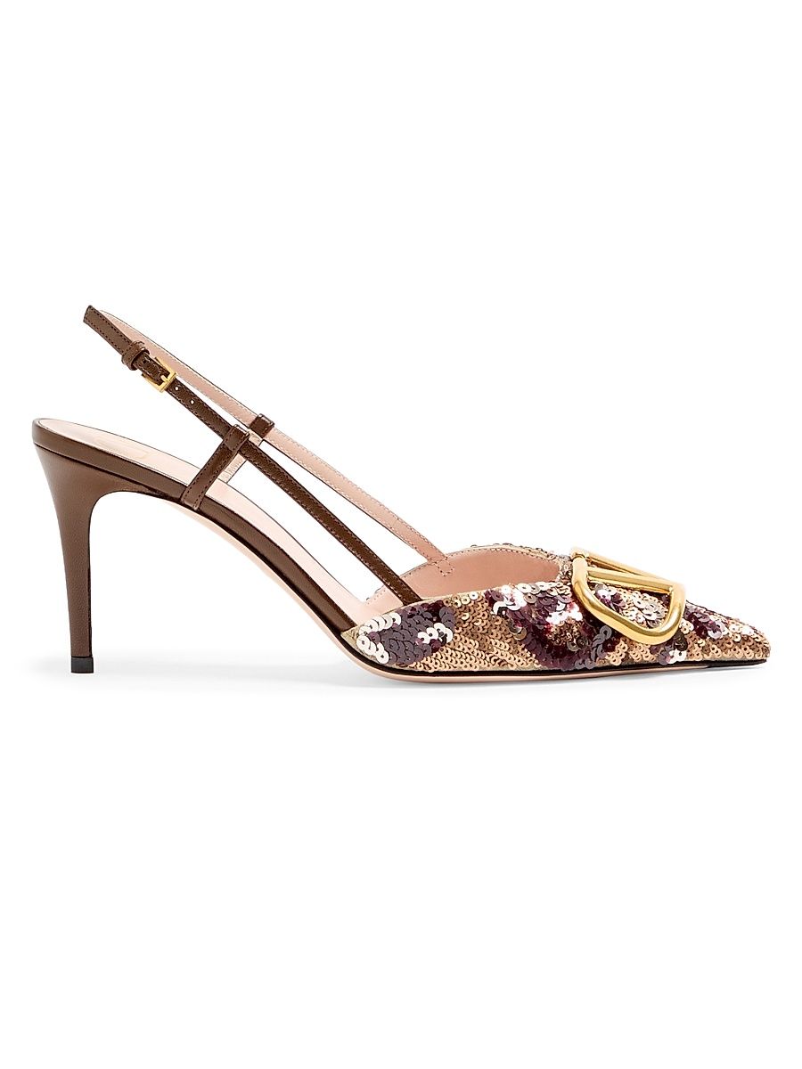 Women's VLogo Signature 80MM Slingback Pumps with Animalier Embroidery - Brown Multi - Size 9