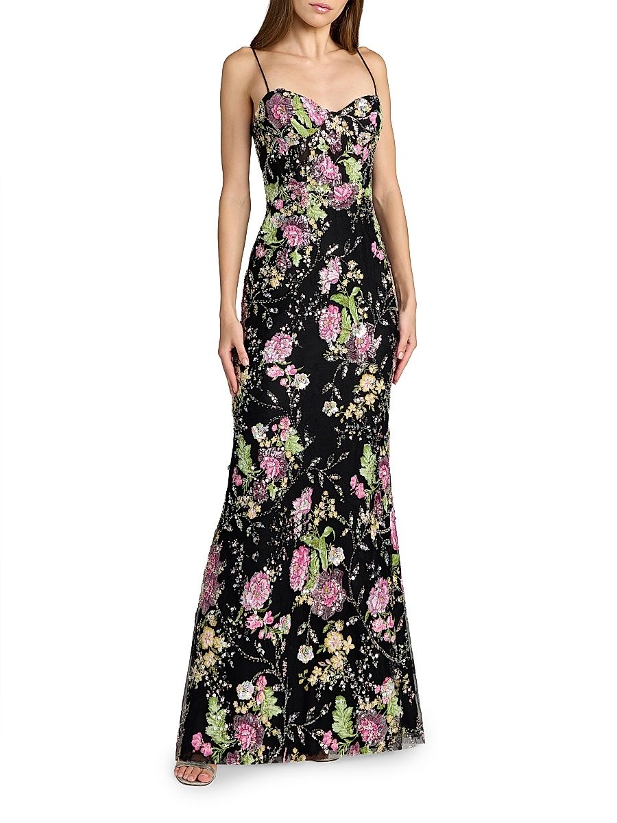 Women's Prom Floral Sequined Bustier Gown - Black Multi - Size 12