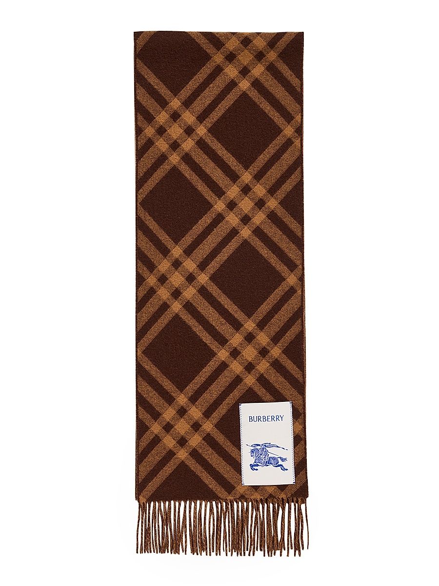 Men's Cashmere Check Fringed Scarf - Treacle Brown