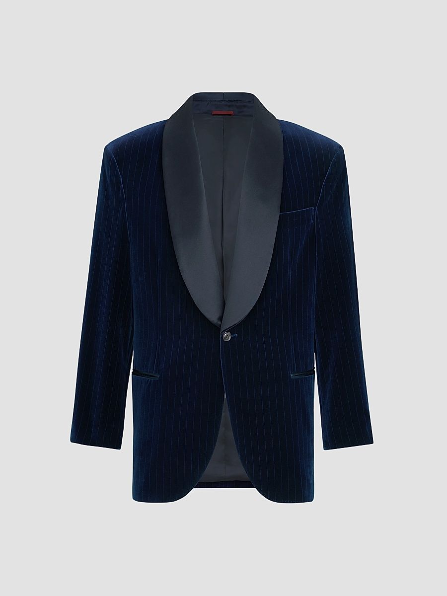 Men's Cotton Chalk Stripe Velvet Tuxedo Jacket with Shawl Lapels - Navy Blue - Size 44