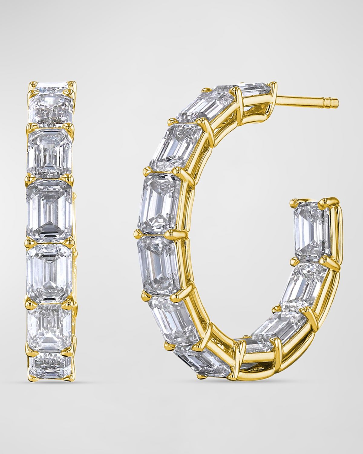 18K Gold North South Emerald Cut Diamond Hoop Earrings, 7.9tcw/1"L