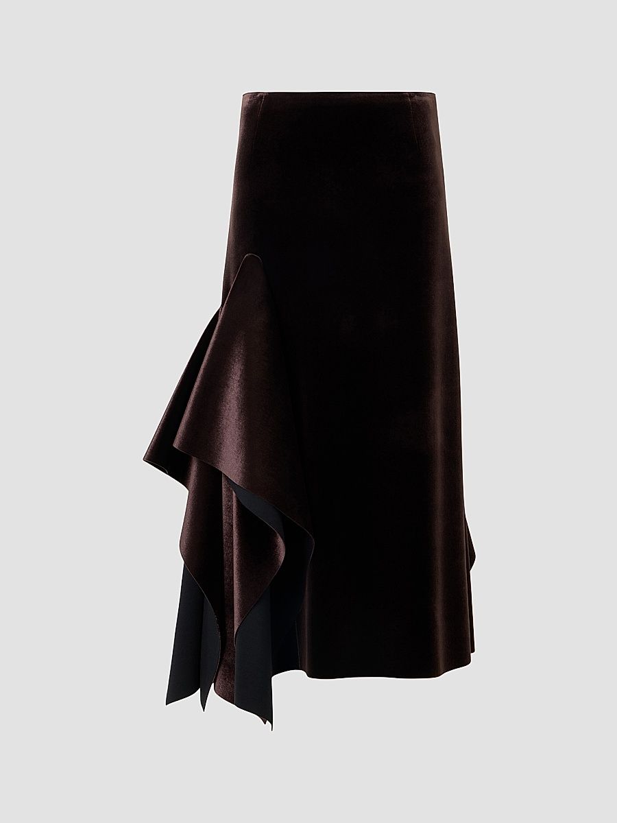 Women's Velvet Neoprene Asymmetric Midi Skirt - Coffee - Size 12