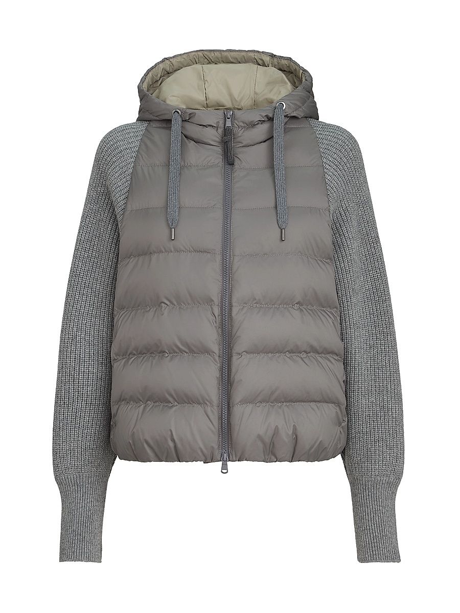 Women's Nylon Hooded Down Jacket with Monili - Grey - Size 4