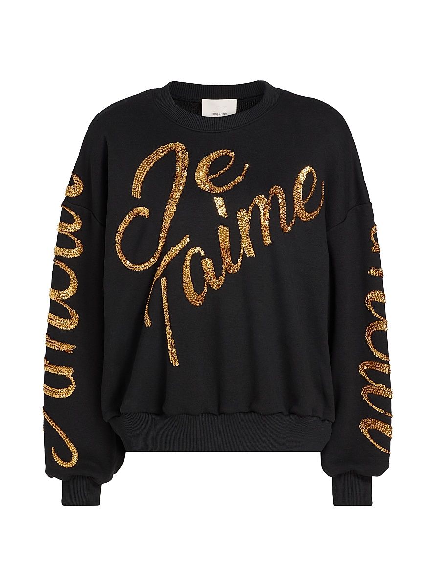 Women's Brandy Love Letter Crushed Sequin Sweatshirt - Black Gold - Size Medium