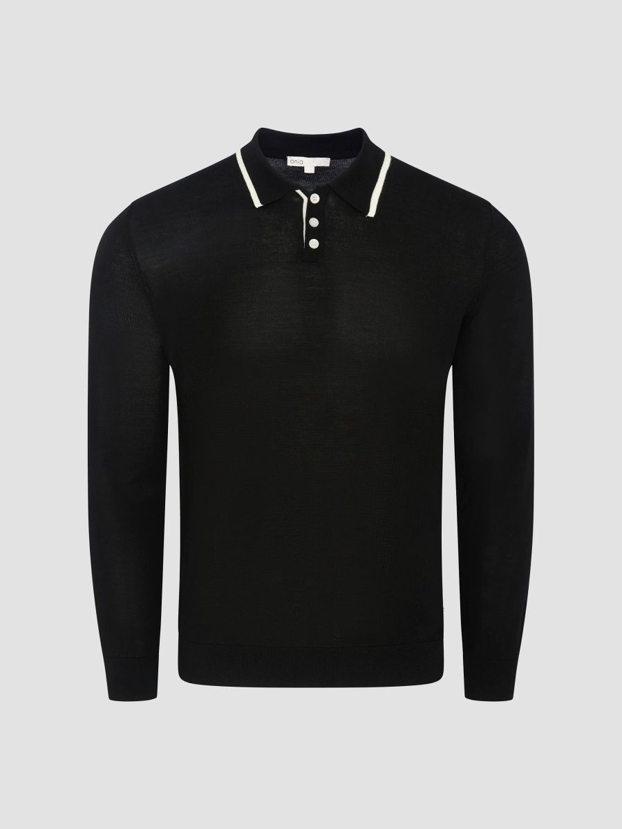 Onia Men's Extra Fine Merino Wool Long-Sleeve Polo Shirt - Black Egret - Size Small