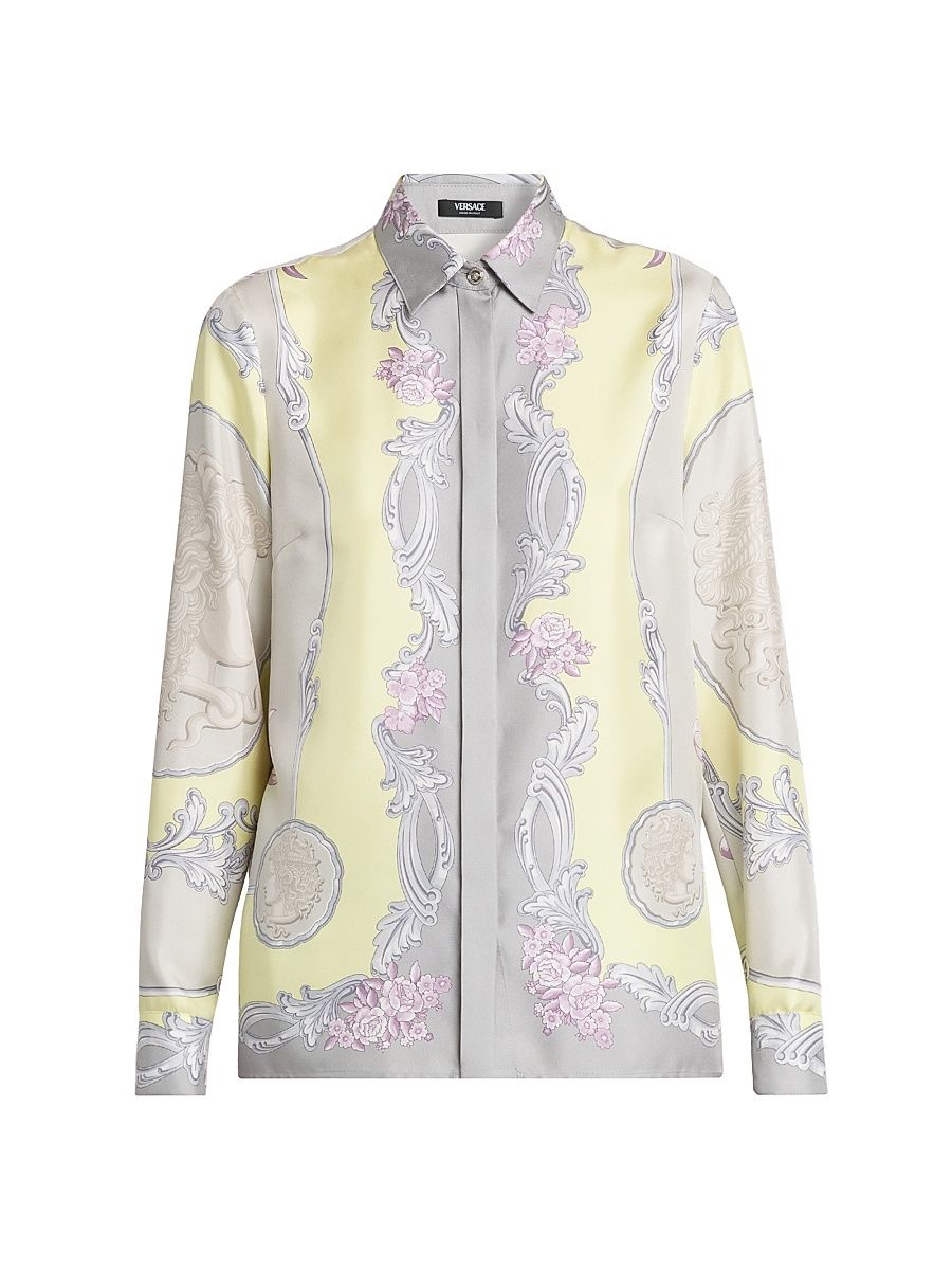 Women's Medusa Cameo Foulard Silk Twill Shirt - Pale Yellow Light Grey - Size 8